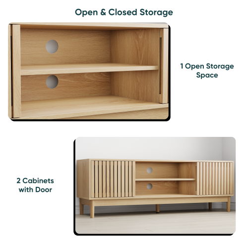 55 Inch Oak Vertical Slat Mid-Century TV Stand Silent Hinge Media Cabinet Fits 65 Inch TV