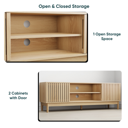 55 Inch Oak Vertical Slat Mid-Century TV Stand Silent Hinge Media Cabinet Fits 65 Inch TV
