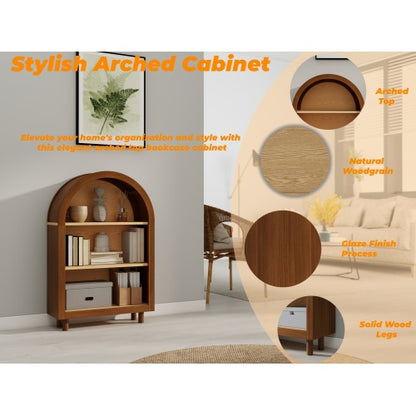 Walnut Arched Top 3-Tier Open Bookshelf Glaze Finish Storage Cabinet for Living Room Entryway Bedroom