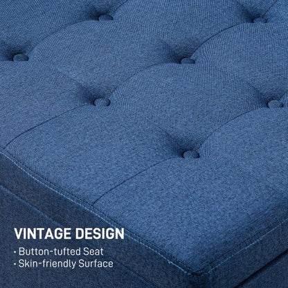 Blue Button Tufted Storage Ottoman with Flip Top, Eucalyptus Wood Frame Square Foot Stool with Safety Metal Hinge