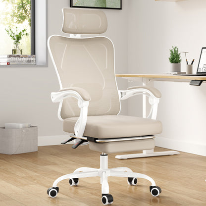 Ergonomic Office Chair with Footrest, Mesh Office Desk Chair with Headrest, High Back Computer Chair with Adjustable Lumbar Support for Home Office Study Room Bedroom, White & Kakhi