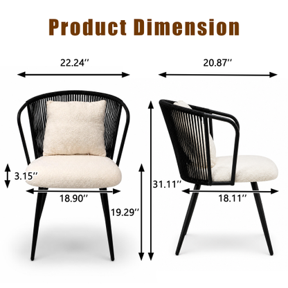 PE Rattan Dining Armchairs with Teddy Cushions and Pillows, Set of 2, Black