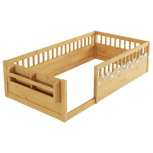 Twin Montessori Floor Bed Frame with High Rails, Wood Kids Floor Beds with Light and Storage Shelf, Natural