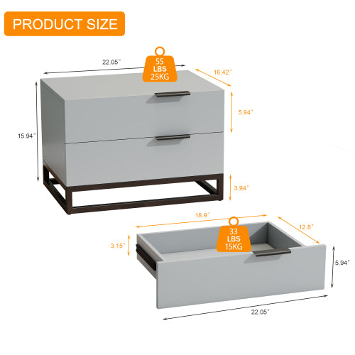 Grey White 2 Drawer Nightstand with Storage Cabinet