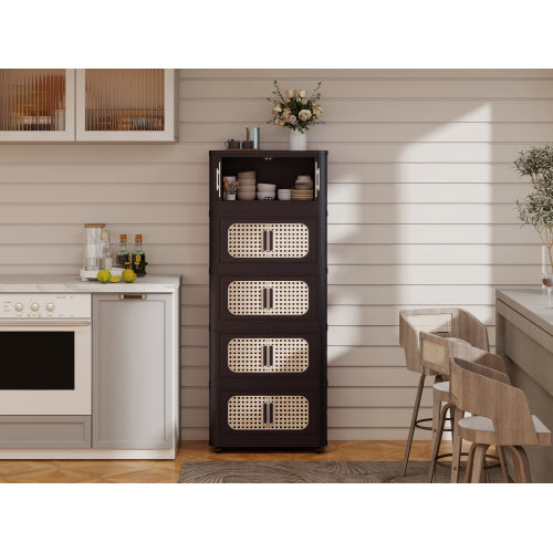 Retro Brown 20 Inch Five-Tier Folding Plastic Storage Cabinet Magnetic Door With Universal Moving Wheels