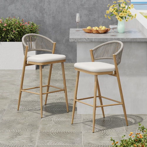 Outdoor 30.25" Seat Height Aluminum Frame Barstools with PE Rattan Scallop-shaped Backrest, Set of 2, Maple Finish