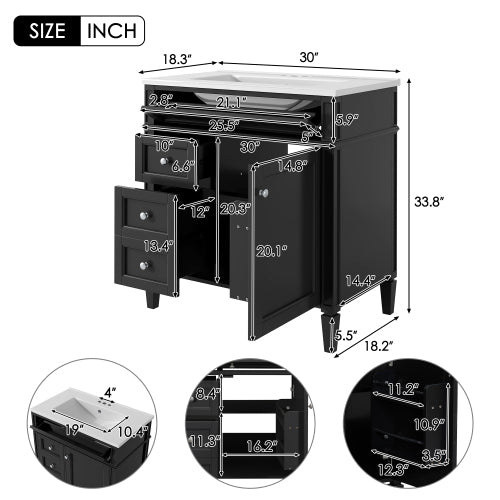 30'' Bathroom Vanity with Top Sink, Modern Bathroom Storage Cabinet with 2 Drawers and a Tip-out Drawer, Single Sink Bathroom Vanity