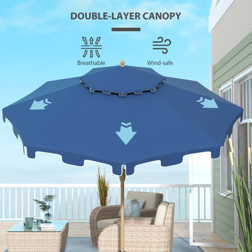 9' Patio Umbrella with Push Button Tilt and Crank, Double Top Ruffled Outdoor Market Table Umbrella with 8 Ribs, for Garden, Deck, Pool, Dark Blue