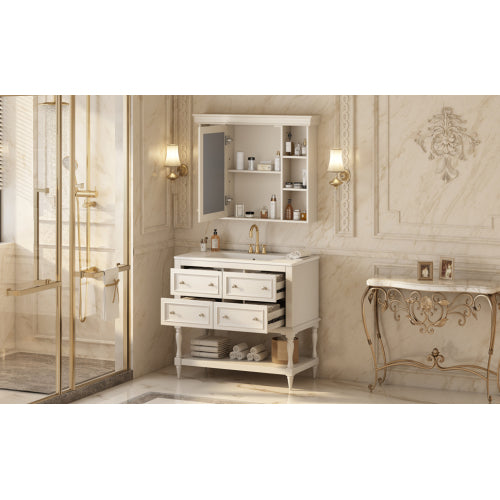 36'' Bathroom Vanity with Medicine Cabinet, Modern Mirror Cabinet with Adjustable Shelf, Bathroom Storage Cabinet with 4 Drawers, Solid Wood Frame Bathroom Storage Cabinet