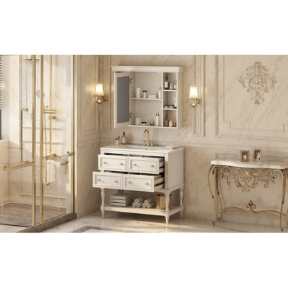 36'' Bathroom Vanity with Medicine Cabinet, Modern Mirror Cabinet with Adjustable Shelf, Bathroom Storage Cabinet with 4 Drawers, Solid Wood Frame Bathroom Storage Cabinet