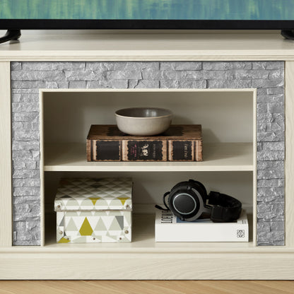 70 Inch White Faux Stone 2-Door TV Stand 4 Adjustable Shelves 6 Cable Holes Media Cabinet for 75 Inch TV