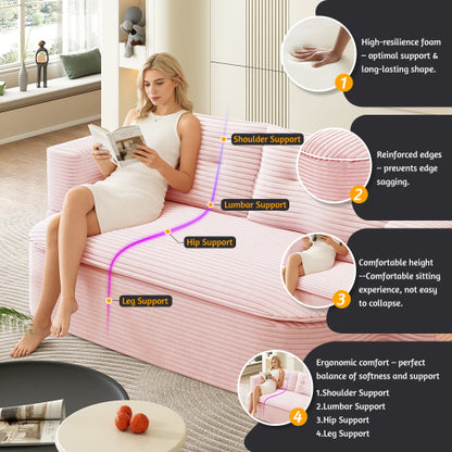 78.7-Inch Baby-Pink Convertible Corduroy Sleeper Floor Sofa-Bed with Zip-On Blanket & 2 Pillows No-Assembly