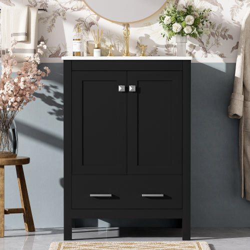 24-inch bathroom vanity with integrated undermount basin and a storage cabinet featuring 2 doors and 1 drawer. Includes double-layer door shelf, soft-close design, and versatile storage solutions
