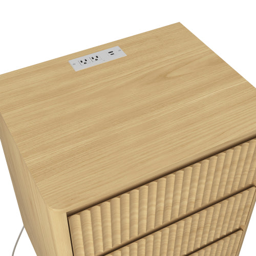 Natural Wood 3-Drawer Nightstand Set with USB-C Charger