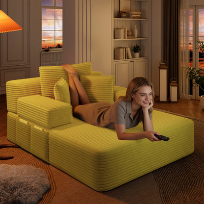 Oversized Yellow Corduroy Convertible Sofa Bed w/Storage Pockets