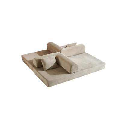 Beige Corduroy Convertible Sleeper Sofa Bed with Cylindrical Pillow