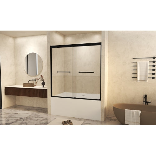 56-60" W × 60" H Tempered Glass with Explosion Proof Film, Aluminum Frame Double Sliding Shower Door, "1/4 (6 mm), Stainless Steel handle, Matte Black