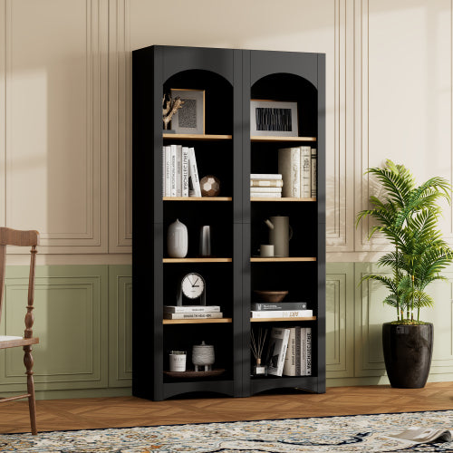 Farmhouse 5-Tier Bookcase Set of 2 with Adjustable Shelves, Black