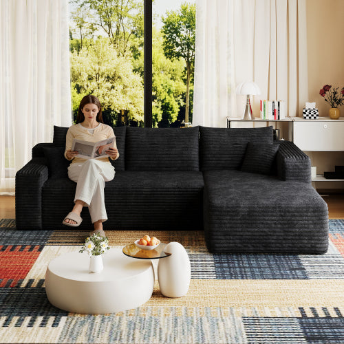 95" Cloud Sectional Sofa,Modern Minimalist Upholstered Couches, Comfort U Shaped Sofa for Living Room,Deep Seat Corner Couch,No Assembly Required,Black (Plush Corduroy Fabric)