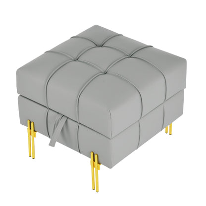 Gray Anti-Scratch Leather Storage Ottoman, Pet-Friendly Bench with Golden Stainless Steel Legs