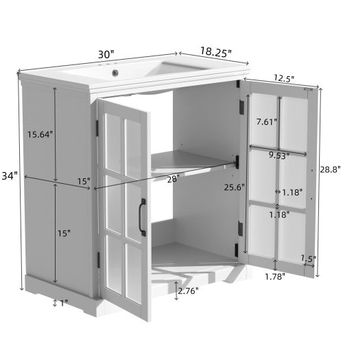 30" Modern Bathroom Vanity with Ceramic Sink, Bathroom Vanity Cabinet with Tempered Blurred Glass and Matte Black Handles, Equipped with Large Storage Space and Rubber Wood Frame, White