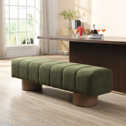 Upholstered Dining Bench for Dining Room, No-Assembly End of Bed Entryway Bench Ottoman for Bedroom Living Room, Green Boucle Fabric, 300 LBS Weight Capacity
