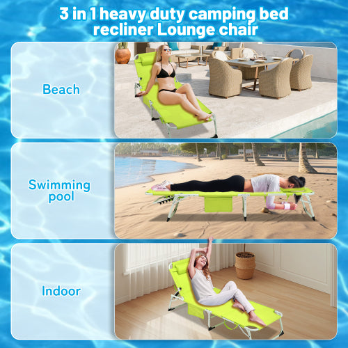 3-in-1 Heavy Duty Tanning Chair with Face Hole Adjustable 5-Position Folding Chaise Lounge Chairs for Outside Portable Lay Flat Beach Lounge Chair for Outdoor Sunbathing Patio Pool Lawn Camping Deck P