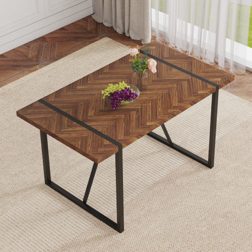 Retro Dining Table with Fishbone Textured Top & Black Metal Legs