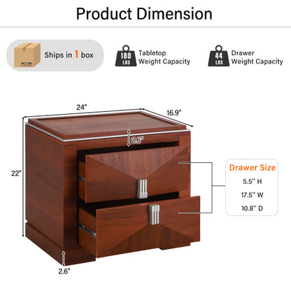 Mid-Century Modern Nightstand, 2 Drawers Wide Sofa Side Table,Wood Diamond Shaped End Table with Storage,Closet with Heavy Duty Base,Small Bedside Table for Bedroom,Living Room,Entrance, Dark Brown