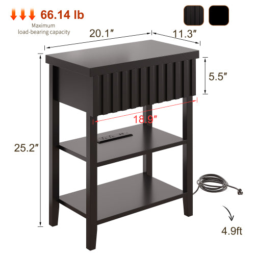 Black Fluted Nightstand Set of 2 with Charging Station, 20.1inchL*11.3inchW*25.3inchH