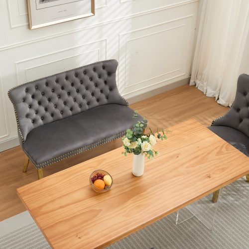 Velvet Double Dining Loveseat Bench, Kitchen & Dining Seating, 2-Seat Tufted Bench w/Handmade Buttons, Wing Back, Gold-Plated Steel Legs, Mid Century Modern,Single Pack,Gray,