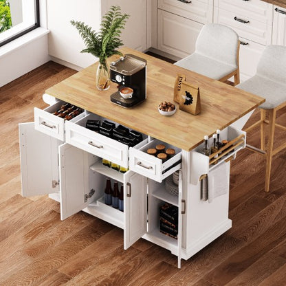 54 Inch Rolling Kitchen Island with Drop Leaf Drawers & Wheels White