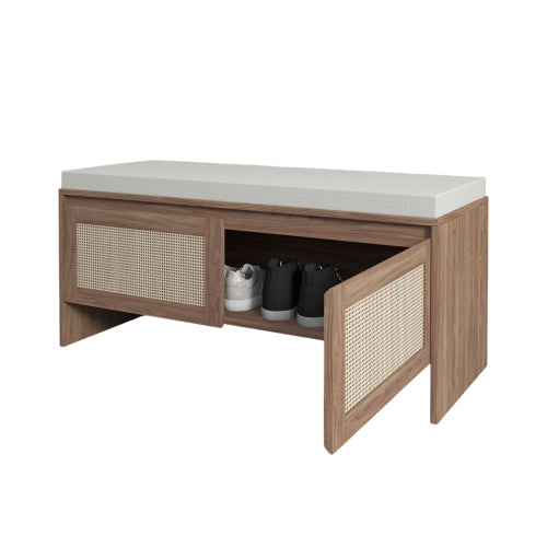 PP Rattan Storage Bench with Cushion, Faux Rattan Shoe Cabinet with 2 Doors, Mid-Century Modern Wood Entryway Seat, for Bedroom, Hallway, Mudroom, Natural Finish