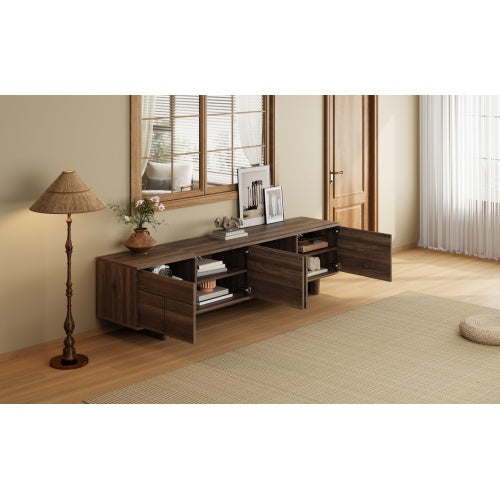 78.7 inch Dark Brown Push-Open TV Stand Solid Pine Leg Media Console Adjustable Shelves For 85 inch TV