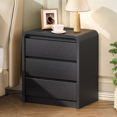 Black Smooth 3-Drawer Nightstand with USB Charging Station, Mid-Century Bedside Table