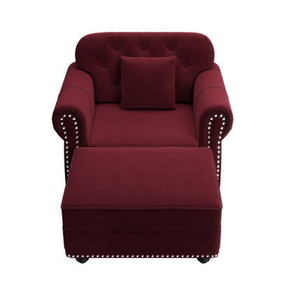 41.3 inch  Burgundy Velvet Mid-Century Sofa,Nailhead Trim & 1 Pillow