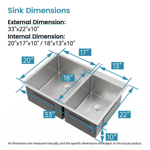33"x19" Embedded Double Bowl Kitchen Sink, Overmount Handmade Sink in Brushed (Sink only)