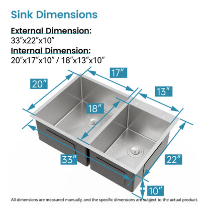 33"x19" Embedded Double Bowl Kitchen Sink, Overmount Handmade Sink in Brushed (Sink only)