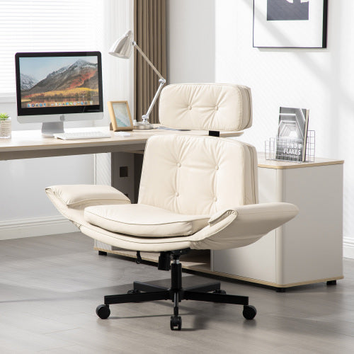 Criss Cross Chair with Adjustable Armrests & Wheels & Headrest, PU Lounge Vanity Desk Chair with Wide Seat for Cross-Legged Sitting, Swivel Task Office Chairs for Home, Makeup, Gaming, Office, Beige