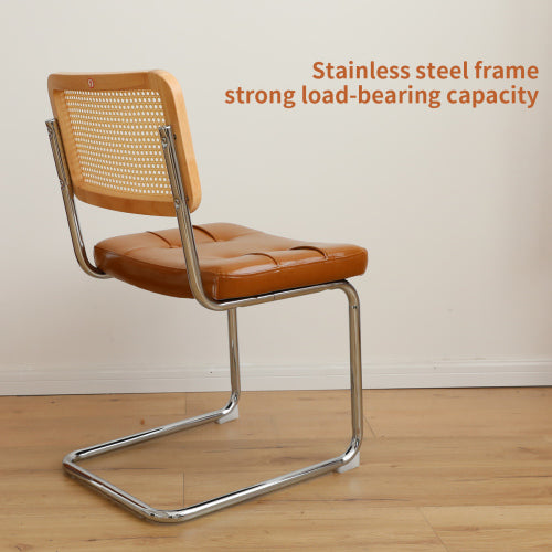 Set of 2 Brown Faux Leather Rattan Breuer Dining Chairs, Chrome Cantilever Legs, Mid Century Side Chairs for Dining & Living Room
