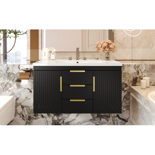 36'' Wall Mounted Bathroom Vanity with Resin Sink, Floating Bathroom Storage Cabinet with 2 Drawers, Solid Wood Bathroom Cabinet (Same as N710S236003B)