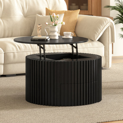 Round Lift Top Coffee Table, Fluted Wood Accent Table with Hidden Storage & Drawer, Solid Wood & MDF