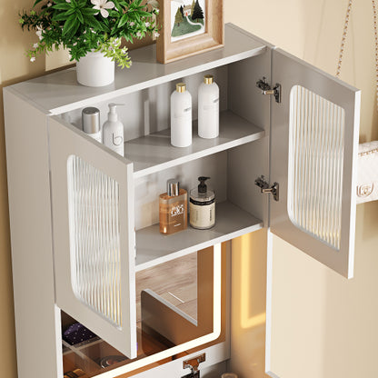 3-in-1 Vanity Table with LED Mirror & Storage Stool, Flip Top Makeup Desk, 5 Storage Spaces, Adjustable Lights, White