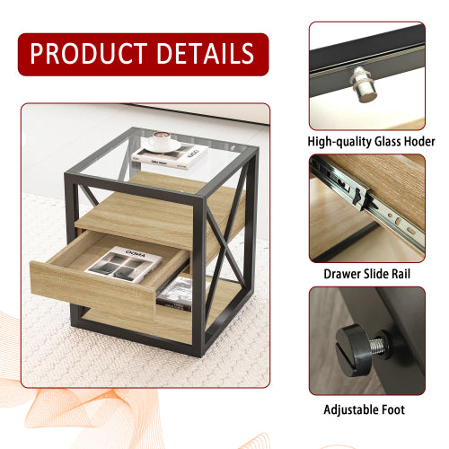 1 piece Modern End Table with Drawer - Nightstand for Bedroom & Living Room, Natural Wood MDF & Tempered Glass Top, Industrial Style Side Table