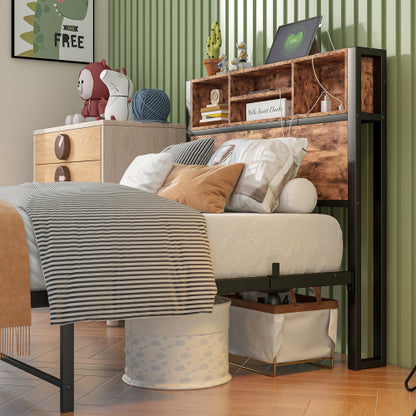 Twin Size Bed Frame with Storage Headboard, Metal Platform Bed with Charging Station,  Bookcase Storage, Easy Assembly