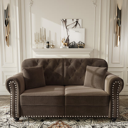 63 inch  Brown Velvet Mid-Century Sofa, Nailhead Trim & 2 Pillows
