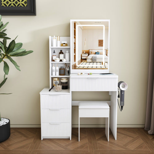 White LED Lighted Makeup Vanity Table with 4 Drawers & Shelves, Power Outlet, Dryer Holder & Chair, Modern Bedroom Dresser