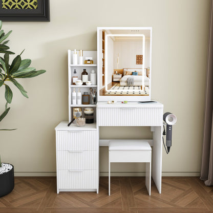 White LED Lighted Makeup Vanity Table with 4 Drawers & Shelves, Power Outlet, Dryer Holder & Chair, Modern Bedroom Dresser