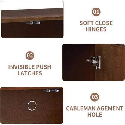 4 Door Accent Cabinet with Carved Wood Doors Adjustable Shelves and Cable Management
