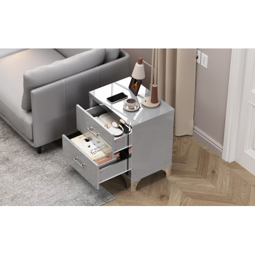 High Gloss Mirrored Nightstand with 2 Drawers,Modern End Table with Drawers,Mirrored High Gloss Wood Nightstand Metal Handle Bedside End Table for Bedroom, Dorm,Living Room,Grey
